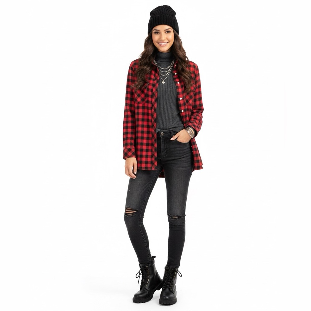 BC Clothing | Red and Black Plaid Button-Up Teddy Faux Fur Lined Shacket Jacket